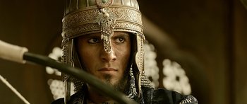 Movie still from “Bajirao Mastani” (2015), directed by Sanjay Leela Bhansali – A person wearing a helmet; Close Up shot, Low angle