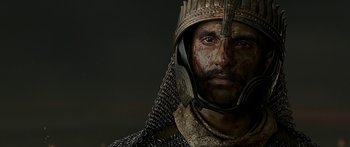 Movie still from “Bajirao Mastani” (2015), directed by Sanjay Leela Bhansali – A person wearing a helmet; Close Up shot, Low angle