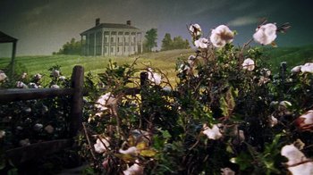 Movie still from “Bamboozled” (2000), directed by Spike Lee – A view of a house from behind some bushes; Wide shot, Low angle