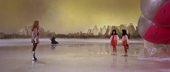Movie still from “Barbarella” (1968), directed by Roger Vadim – A little girl standing in the middle of a lake; Extreme Wide shot, High angle