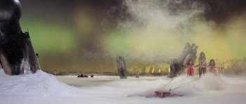 Movie still from “Barbarella” (1968), directed by Roger Vadim – An oil painting of a frozen lake with a lot of smoke coming out of it; Extreme Wide shot, High angle