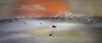 Movie still from “Barbarella” (1968), directed by Roger Vadim – An artistic painting of a city in the snow; Extreme Wide shot, High angle