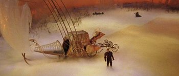 Movie still from “Barbarella” (1968), directed by Roger Vadim – A man standing next to an old fashioned carriage; Wide shot, High angle