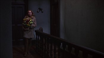Movie still from “Barefoot in the Park” (1967), directed by Gene Saks – A woman holding a bouquet of flowers standing next to a railing; Wide shot, Low angle