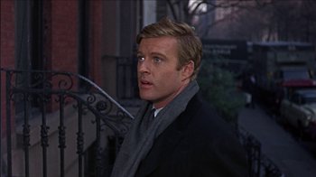 Movie still from “Barefoot in the Park” (1967), directed by Gene Saks – A person wearing a coat and scarf; Close Up shot, Over the shoulder angle