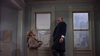 Movie still from “Barefoot in the Park” (1967), directed by Gene Saks – A man and a woman standing next to each other in front of a window; Wide shot, Low angle