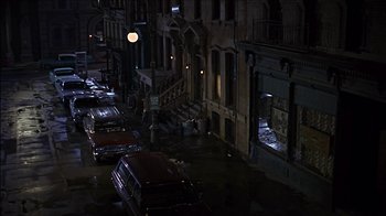Movie still from “Barefoot in the Park” (1967), directed by Gene Saks – Cars parked on the side of the street in the dark; Extreme Wide shot, High angle