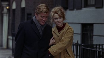 Movie still from “Barefoot in the Park” (1967), directed by Gene Saks – A man and a woman walking down a street; Medium shot, Low angle