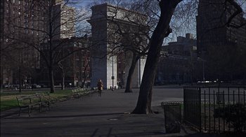 Movie still from “Barefoot in the Park” (1967), directed by Gene Saks – A person is walking in a park near a tree; Extreme Wide shot, High angle