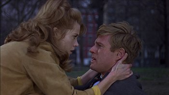 Movie still from “Barefoot in the Park” (1967), directed by Gene Saks – A man and a woman holding each other in a park; Close Up shot, Low angle