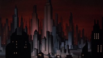 Movie still from “Batman: Mask of the Phantasm” (1993), directed by Kevin Altieri – A painting of a city skyline at night; Extreme Wide shot, High angle