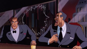 Movie still from “Batman: Mask of the Phantasm” (1993), directed by Kevin Altieri – Two men in suits are sitting at a bar; Medium shot, Over the shoulder angle