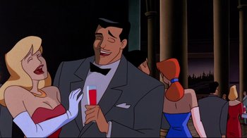 Movie still from “Batman: Mask of the Phantasm” (1993), directed by Kevin Altieri – A man in a tuxedo holding a drink in his hand; Medium shot, Over the shoulder angle