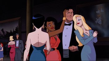 Movie still from “Batman: Mask of the Phantasm” (1993), directed by Kevin Altieri – A group of people standing next to each other in a room; Medium shot, Over the shoulder angle