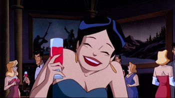 Movie still from “Batman: Mask of the Phantasm” (1993), directed by Kevin Altieri – An animated woman holding a glass of wine in her hand; Medium shot, Low angle