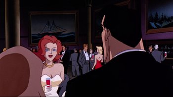 Movie still from “Batman: Mask of the Phantasm” (1993), directed by Kevin Altieri – A group of people standing in a room; Medium shot, Over the shoulder angle