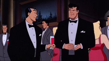 Movie still from “Batman: Mask of the Phantasm” (1993), directed by Kevin Altieri – Three men in tuxedos are standing in front of a bar; Medium shot, Over the shoulder angle