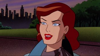 Movie still from “Batman: Mask of the Phantasm” (1993), directed by Kevin Altieri – A woman with red hair and blue eyes is looking at the camera; Close Up shot, Over the shoulder angle