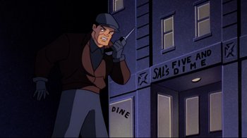 Movie still from “Batman: Mask of the Phantasm” (1993), directed by Kevin Altieri – A man is standing outside of a restaurant while talking on a phone; Medium shot, Low angle