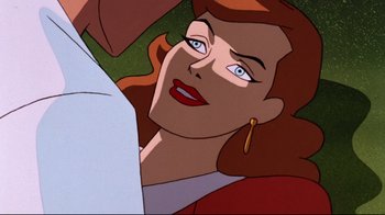 Movie still from “Batman: Mask of the Phantasm” (1993), directed by Kevin Altieri – A woman's face in a cartoon style; Close Up shot, Low angle