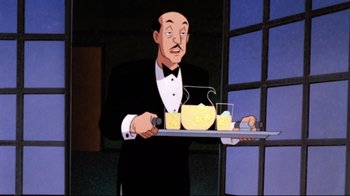 Movie still from “Batman: Mask of the Phantasm” (1993), directed by Kevin Altieri – A man in a tuxedo holding a tray of food; Medium shot, Low angle