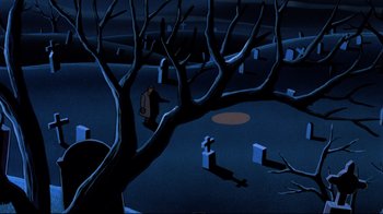 Movie still from “Batman: Mask of the Phantasm” (1993), directed by Kevin Altieri – An image of a graveyard with a person standing in front of a tree; Extreme Wide shot, High angle