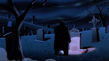 Movie still from “Batman: Mask of the Phantasm” (1993), directed by Kevin Altieri – A man standing in front of a grave in a graveyard; Wide shot, Low angle
