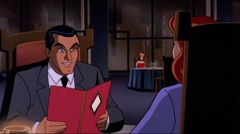 Movie still from “Batman: Mask of the Phantasm” (1993), directed by Kevin Altieri – A man and a woman sitting at a dinner table; Medium shot, Over the shoulder angle
