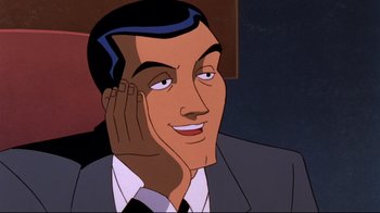 Movie still from “Batman: Mask of the Phantasm” (1993), directed by Kevin Altieri – A man in a suit and tie holding his hand up to his face; Close Up shot, Over the shoulder angle
