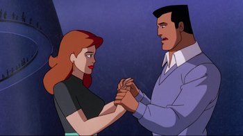 Movie still from “Batman: Mask of the Phantasm” (1993), directed by Kevin Altieri – A man and a woman holding each other's hands; Medium shot, Low angle