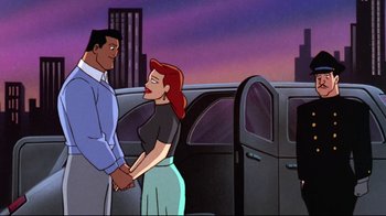 Movie still from “Batman: Mask of the Phantasm” (1993), directed by Kevin Altieri – A man and a woman standing next to each other in front of a car; Medium shot, Over the shoulder angle