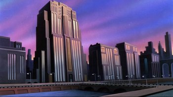 Movie still from “Batman: Mask of the Phantasm” (1993), directed by Kevin Altieri – An illustration of a city skyline at sunset; Extreme Wide shot, Low angle