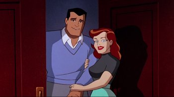Movie still from “Batman: Mask of the Phantasm” (1993), directed by Kevin Altieri – A man and a woman standing next to each other; Medium shot, Low angle
