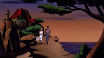 Movie still from “Batman: Mask of the Phantasm” (1993), directed by Kevin Altieri – A man and a woman standing on a cliff near the water; Wide shot, Low angle