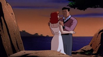 Movie still from “Batman: Mask of the Phantasm” (1993), directed by Kevin Altieri – A man and a woman standing next to a body of water; Medium shot, Over the shoulder angle