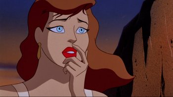 Movie still from “Batman: Mask of the Phantasm” (1993), directed by Kevin Altieri – A woman with red hair and blue eyes looking surprised; Close Up shot, Low angle