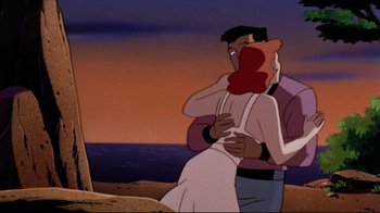 Movie still from “Batman: Mask of the Phantasm” (1993), directed by Kevin Altieri – A man and a woman hugging in front of a body of water; Medium shot, Over the shoulder angle