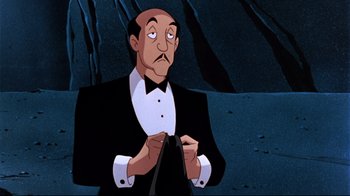 Movie still from “Batman: Mask of the Phantasm” (1993), directed by Kevin Altieri – A man in a tuxedo is holding something in his hand; Medium shot, Low angle
