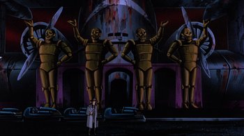Movie still from “Batman: Mask of the Phantasm” (1993), directed by Kevin Altieri – A man standing in front of a bunch of robots; Extreme Wide shot, Low angle