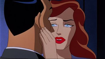 Movie still from “Batman: Mask of the Phantasm” (1993), directed by Kevin Altieri – A woman with red hair is covering her mouth; Close Up shot, Over the shoulder angle