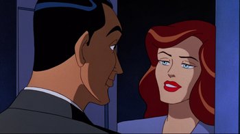Movie still from “Batman: Mask of the Phantasm” (1993), directed by Kevin Altieri – A man and a woman looking at one another; Close Up shot, Over the shoulder angle