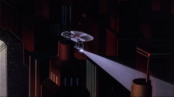 Movie still from “Batman: Mask of the Phantasm” (1993), directed by Kevin Altieri – An animated scene of a helicopter flying through the air; Extreme Wide shot, Overhead angle