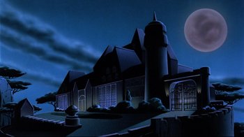 Movie still from “Batman: Mask of the Phantasm” (1993), directed by Kevin Altieri – An animated picture of a building at night with the moon in the background; Extreme Wide shot, Low angle