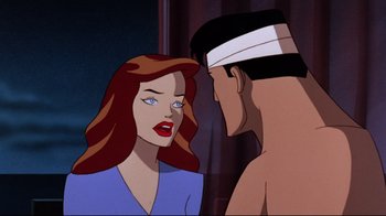 Movie still from “Batman: Mask of the Phantasm” (1993), directed by Kevin Altieri – A man and a woman are talking to each other; Close Up shot, Over the shoulder angle