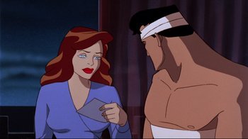 Movie still from “Batman: Mask of the Phantasm” (1993), directed by Kevin Altieri – A woman and a man are talking to each other; Medium shot, Over the shoulder angle