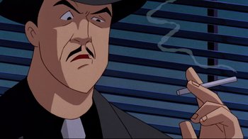 Movie still from “Batman: Mask of the Phantasm” (1993), directed by Kevin Altieri – An animated man smoking a cigarette in front of a building; Close Up shot, Over the shoulder angle