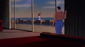 Movie still from “Batman: Mask of the Phantasm” (1993), directed by Kevin Altieri – A man and a woman are standing in front of a window; Wide shot, Over the shoulder angle