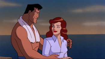 Movie still from “Batman: Mask of the Phantasm” (1993), directed by Kevin Altieri – A man and a woman standing next to each other in front of a body of water; Medium shot, Low angle