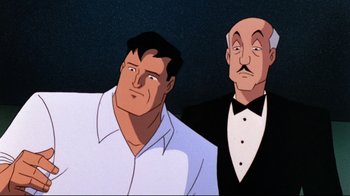 Movie still from “Batman: Mask of the Phantasm” (1993), directed by Kevin Altieri – Two men standing next to each other in front of a black background; Close Up shot, Low angle
