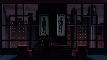 Movie still from “Batman: Mask of the Phantasm” (1993), directed by Kevin Altieri – A man sitting at a table in a room with two paintings on the wall; Extreme Wide shot, Over the shoulder angle